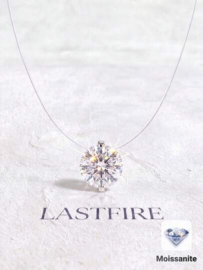 1pc 1ct Invisible Fishing Line Round Moissanite Necklace, 925 Sterling Silver, Elegant & Luxurious, Perfect Engagement Wedding Bridal Jewelry
