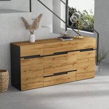 Aparador de salón 160*40*80 cm, aparador bajo con 2 puertas y 4 cajones, aparador de comedor, amplios compartimentos sin tirador, mueble auxiliar para sofá, color madera + negro - Color natural - Ver 4