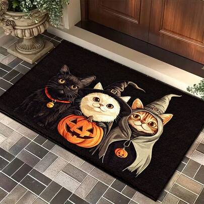 1 st Halloween-tema söt trollkatt- och pumpadesign badrumsmatta, halkfri och mjuk badrumsmatta, dörrmatta, vattenabsorberande matta, maskintvättbar, låg lugg, TPR-baksida, stickat tyg, för sovrum, kök, inomhusbruk, tillbehör & heminredning, perfekt Halloween-present.