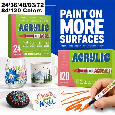 24/36/48/63/72/84/120 Colors Acrylic Paint Markers, Soft Tip Liquid Ink Felt Tip Pens, Rich Ink, Smooth Flow, Comprehensive Color Assortment, Stackable Colors, Strong Coverage, Suitable For Canvas, Rock Painting, Wood, Stone, Glass, Ceramic, Fabric Painting, DIY Crafts, Perfect Gift For Boys/Girls Students, Back To School Essential Stationery