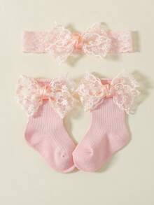 1 Set Spring/Autumn Multi-Color Baby Sweet Cute Lace Bow Boat Socks + Bow Headband, Suitable For Baby Full Month, First Birthday, Special Occasions - Pink - View 3