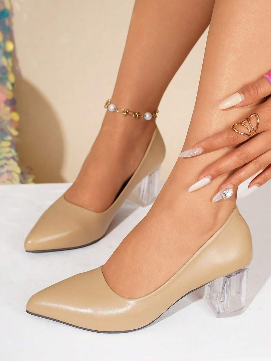 Women's Commuter Versatile PU Leather Pointed Toe High Heel Pumps, Spring/Autumn New Low Vamp Work Slip-On Shoes, Plus Size - Khaki - View 1