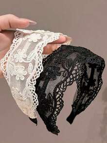 1pc Women's French Elegant Lace Headband, Minimalist Versatile Black & White Color, Hair Accessory (Floral Embroidery Pattern, Random Distribution) - Multicolor - View 8