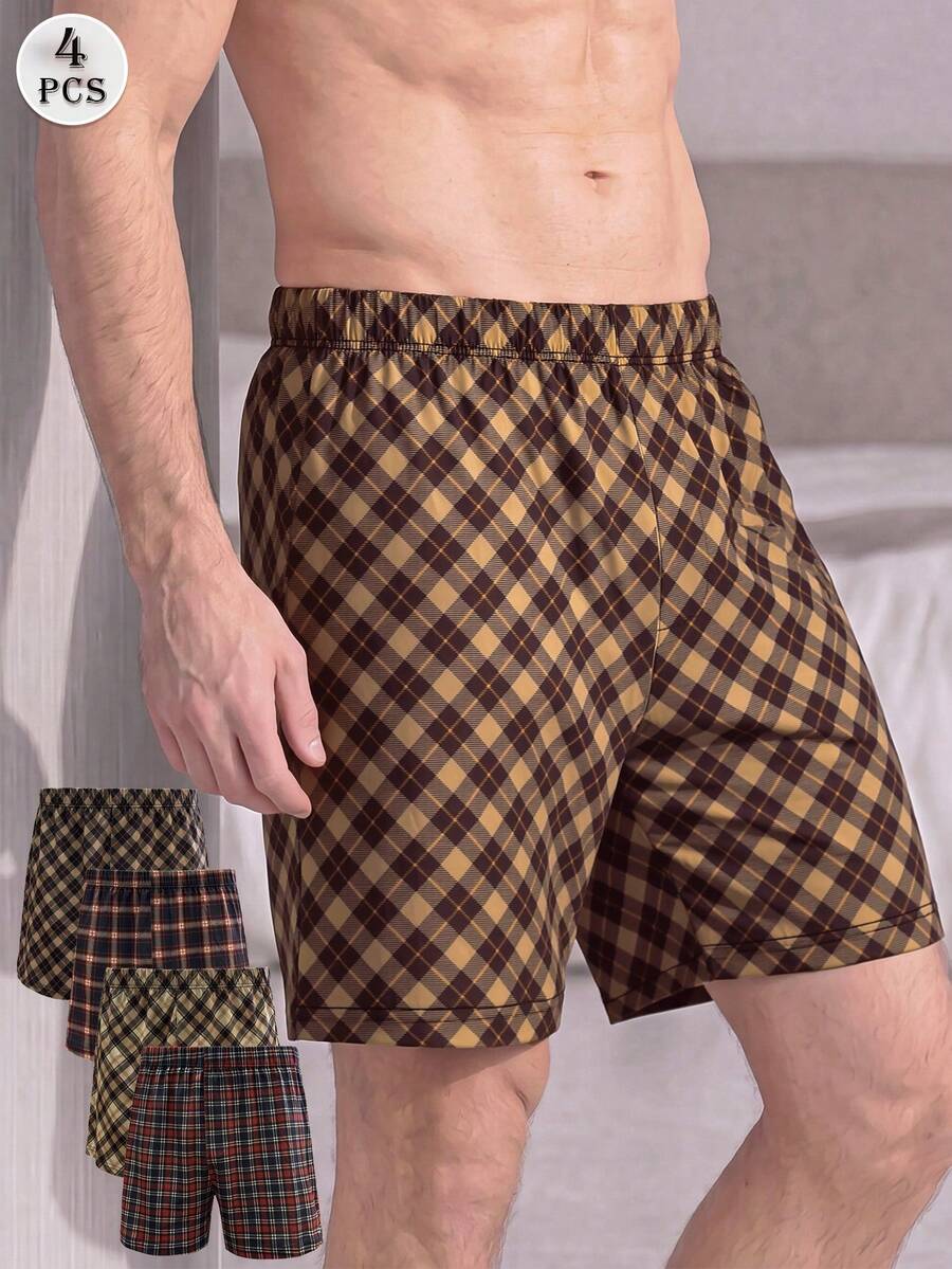4er Set Herren karierte Boxershorts, elastische lockere Pyjamahosen, lässige bequeme Boxershorts, elastischer Bund, mehrfarbige Kombination - Verschiedenfarbig - Übersicht 1