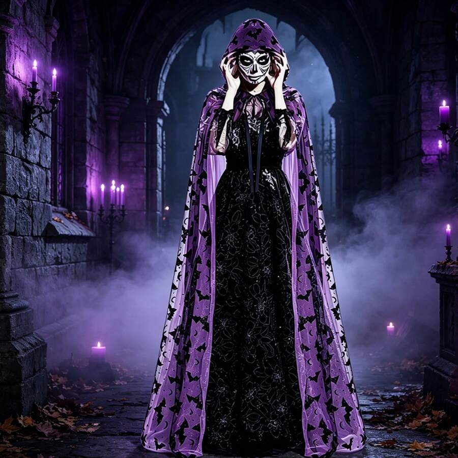 Gothic Lace Hooded Cloak Halloween Costume Womens Bat Print Cape For ...