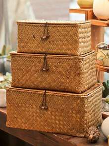 1pc Rectangular Woven Wicker Storage Basket With Lid, Toy Storage Box And Home Organizer For Clothes, Books & Sundries, Decorative Bin For Bedroom, Bathroom, Kitchen And Dorm Room, Autumn Home Decor And Back-To-School University Essentials - Brown - View 4