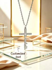 1pc Customized Name Necklace, Stainless Steel Cross Pendant Necklace, Personalized Birthday Gift For Women, Minimalist Daily Style, Comes With Gift Box, Suitable For Valentine's Day, Birthday, Mother's Day, Daily Gifting, Vertical Name Necklace - Multicolor - View 12