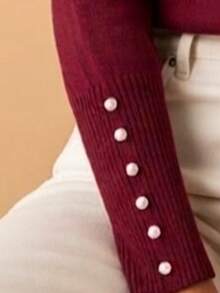 Basic Knit Sweater Blouse With Pearls, Modal Fiber, Nighttime - Redwood - View 3