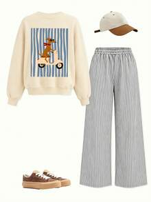 2pcs/Set Girls Outfit, Cream Cartoon Dog Print Sweatshirt + Striped Wide Leg Pants, Soft Fabric, Cute Casual Style - Apricot - View 3