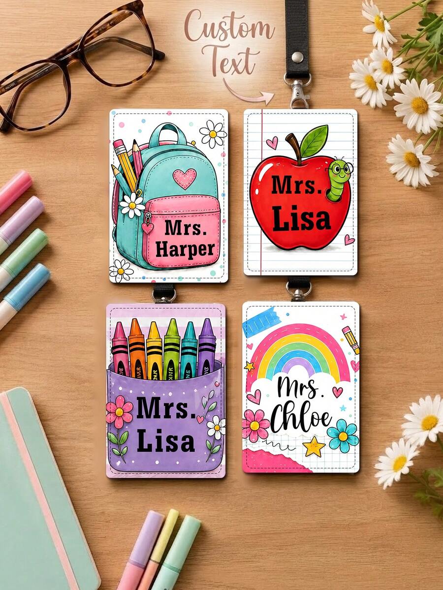 1pc Custom Teacher Name Luggage Tag,Apple Crayon Bag Lanyard Tag,Teacher Appreciation Gift,Back To School,Teacher Gift,ID Badge Holder,Staff Name Tag - Multicolor - View 1