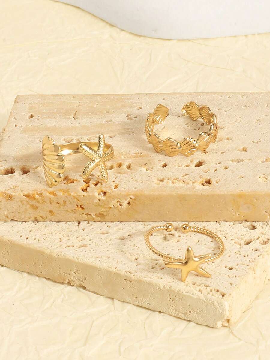 1 Set de Anillos con Diseño de Estrella de Mar, Concha y Ventilador de Viento Oceánico - Dorado - Ver 1