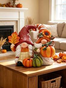 1pc Autumn Couple Figurine, Cute Pumpkin Home Decor, Halloween Thanksgiving Tabletop Decoration, Living Room Fireplace Mantel Bookshelf Rustic Style Autumn Centerpiece - one-size - View 1