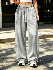 1pc Women's Autumn/Winter Minimalist Versatile Outdoor Walking Running, Daily Fitness Commuting Elastic Waist Curved Hem Design Sweatpants Sports - Light Grey - View 5