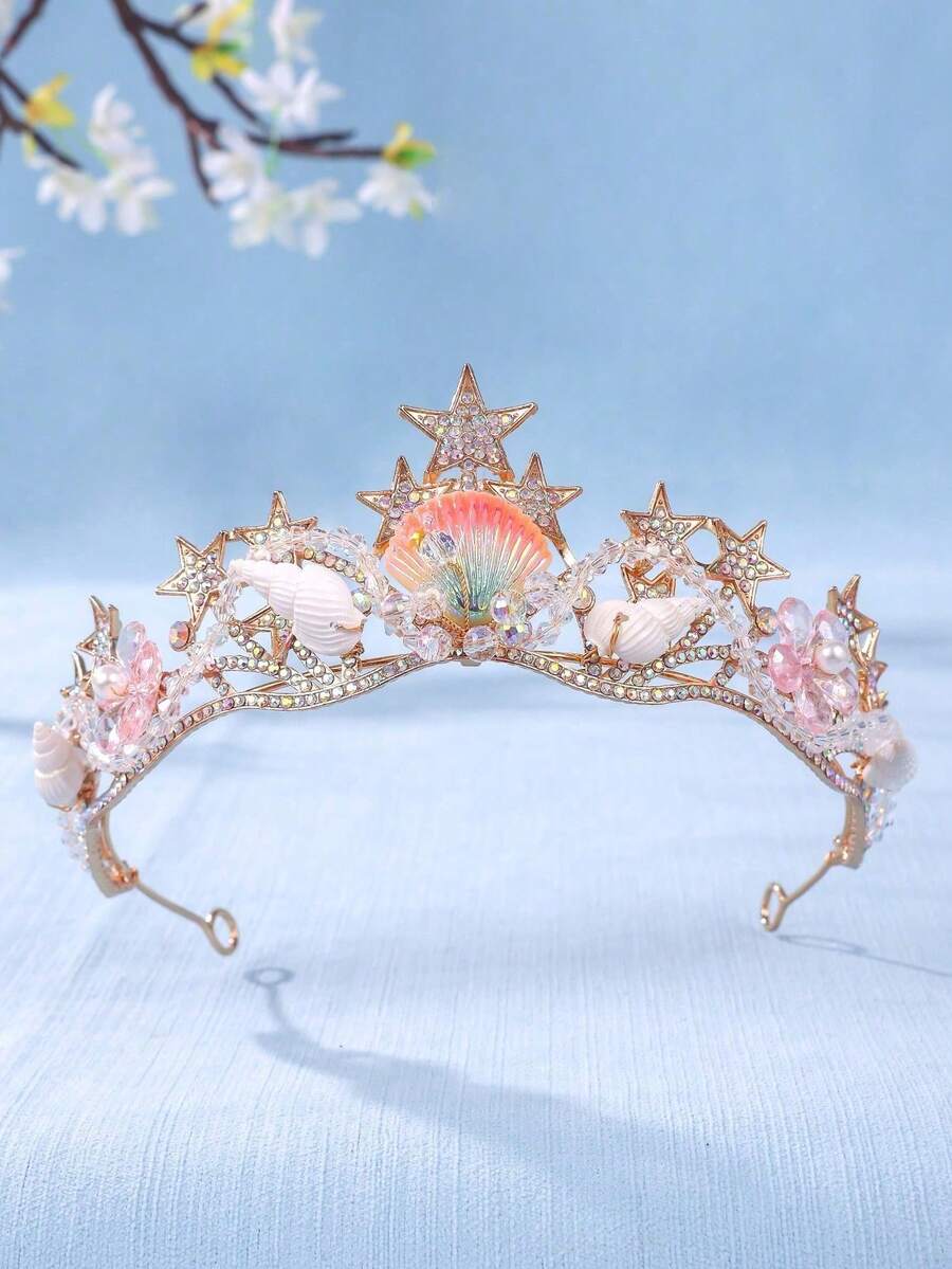 1件水晶公主皇冠貝殼髮箍，配五角星幻彩美人魚尾髮圈，適合表演、生日禮物