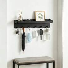 1pc Wall-Mounted Key Rack With 6 Hooks, Kitchen Storage Shelf Organizer, Bathroom Adhesive Holder For Keys Clothes Umbrella, Modern Design Home Wall Decor Hanger Stylish (Black, White) - Multicolor - View 4