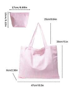 Pink Striped Tote Bag With "BEACH" Shell And Wave Pattern Print, Summer Theme. Large Capacity Striped Handbag And Makeup Bag, Casual Shoulder Bag, Lightweight Shopping Bag, Portable Cosmetic Storage Bag, Suitable For Travel, Shopping, Commuting And Daily Use, Gift For Women, Lovers, Friends, Birthday Gift, Holiday Gift, Party Gift, Vacation Gift, Back To School Gift, Anniversary Gift, Teacher Gift - Multicolor - View 9