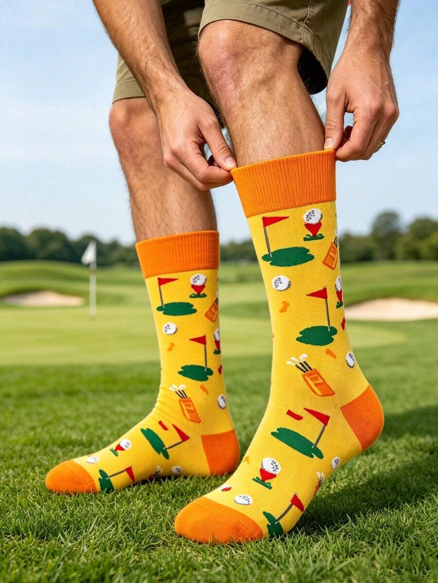 1 par de calcetines medianos con diseño de bloques de color y patrón de golf para hombres, deportivos y divertidos para uso diario, adecuados para todas las estaciones - Multicolor - View 1