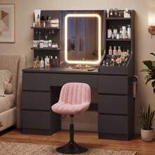 Devoko Vanity Table With LED Mirror & Power Outlet, Dressing Table With 7 Drawers, Hair Dryer Holder & Jewelry Hooks, White/Black/Pink - 查看 4