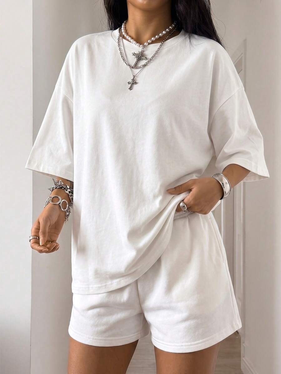 Women's Fashion Short Sleeve T-Shirt Crew Neck Solid Color Regular Loose Fit Casual Summer New Women's Top Summer Essential Easy To Style - White - View 1