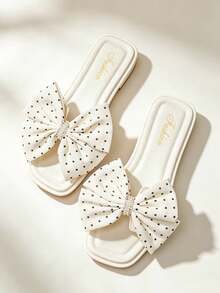 Fashion Square Toe Polka Dot Bow Flat Slides Women Summer New Casual Cross-Border Beach Sandals - White - View 3