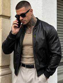 American Style Premium Baseball Collar PU Leather Jacket, Loose Casual Motorcycle Style Men's Leather Coat - Black - View 1