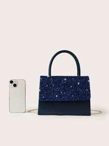 REMANLAND Women's Shiny Deep Blue Sequin Clutch, Satin Evening Bag With Top Handle And Detachable Chain Strap, Suitable For Weddings, Proms, Cocktail Parties, Banquets - Navy Blue - View 7