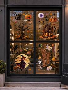 2/4pcs Halloween Window Decals, Cute Haunted House Tree Wizard Ghost Pumpkin Black Cat Bat Candy Glass Stickers, Removable Static Cling Decals, Suitable For Windows, Porch, Living Room, Party, Indoor Autumn Haunted House Halloween Trick Or Treat Decor - Multicolor - View 3
