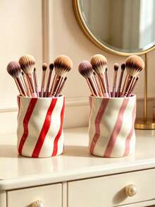 Red & White Striped And Pink & White Striped Resin Makeup Brush Holder, Decorative Cosmetic Storage Box For Vanity, Cute Makeup Brush And Pen Cup, Desktop Organizer For Makeup Brushes And Office Supplies, Elegant Makeup Brush Holder, Ideal For Girls, Students And Creative Decor Design (No Power Required) - Multicolor - View 4
