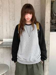 Vintage Colorblock Raglan Long Sleeve Women's Casual Loose Versatile Sweatshirt - Grey - View 2
