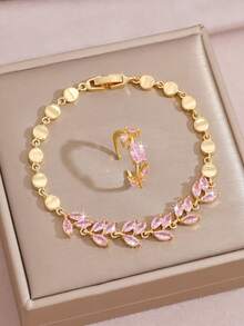 2pcs/Set 18K Gold Plated Luxury Dreamy Pink Zirconia Wheat Ear & Leaf Bracelet And Ring, Suitable For Women, Summer Beach Mom Gift, Daily Party Birthday Valentine's Day Wedding Gift - Gold - View 4