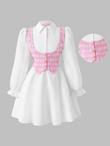 Autumn Tween Girl Fashion Elegant Colorblock Plaid 2 In 1 Dress - White - View 2