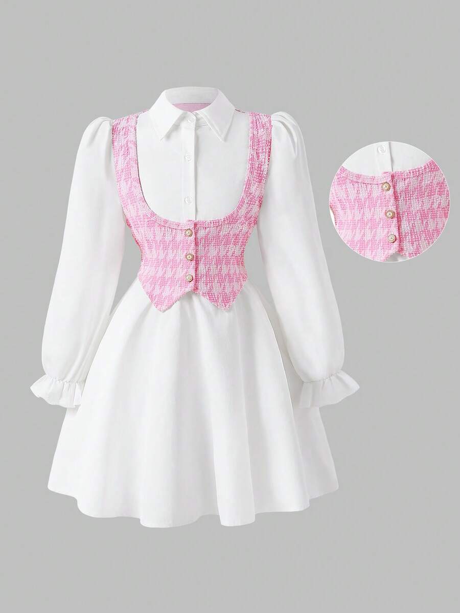 Autumn Tween Girl Fashion Elegant Colorblock Plaid 2 In 1 Dress - White - View 1