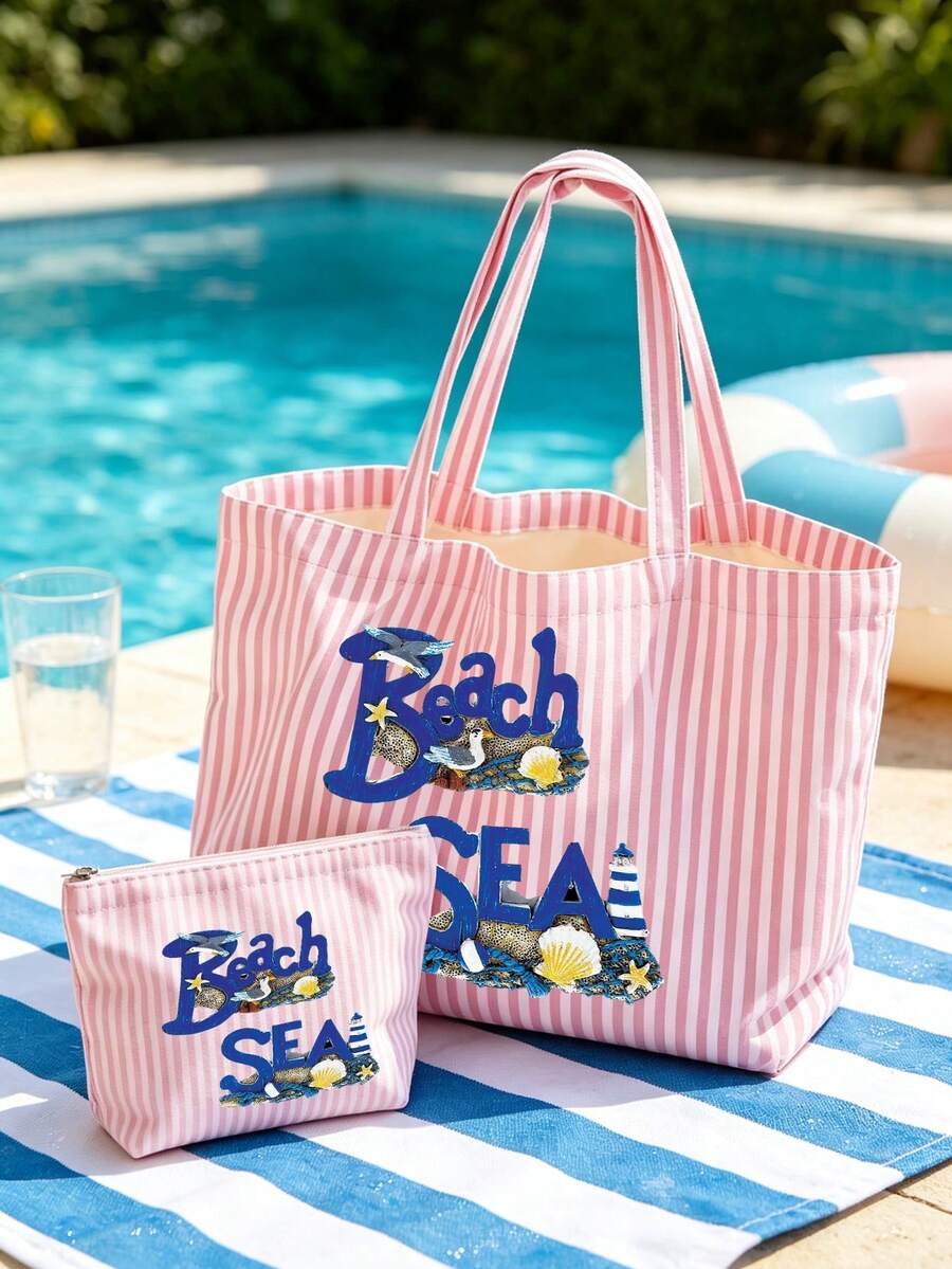 Pink Striped Tote Bag With "BEACH" Shell And Wave Pattern Print, Summer Theme. Large Capacity Striped Handbag And Makeup Bag, Casual Shoulder Bag, Lightweight Shopping Bag, Portable Cosmetic Storage Bag, Suitable For Travel, Shopping, Commuting And Daily Use, Gift For Women, Lovers, Friends, Birthday Gift, Holiday Gift, Party Gift, Vacation Gift, Back To School Gift, Anniversary Gift, Teacher Gift - Multicolor - View 1