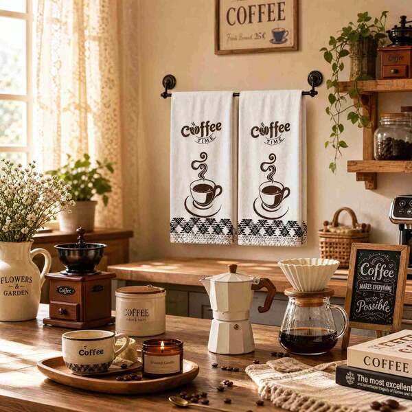 2/4/48 buah Handuk Dapur Motif Kopi Minimalis Warna Cokelat - Sangat Lembut, Kain Lap Piring dan Handuk Tangan Poliester yang Sangat Menyerap, Sempurna untuk Dekorasi Liburan, Dekorasi Dapur, Dekorasi Pesta