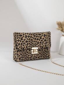 Cute Versatile Leopard Print Shoulder Crossbody Bag, Women's Chain Small Square Bag, Suitable For Various Occasions, With Lining, Metal Lock Closure, Large Capacity - Black - View 2