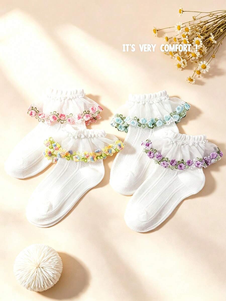 1/4雙春夏女童/嬰兒白色蕾絲襪、粉色蕾絲刺繡花朵荷葉邊襪、可愛時尚網眼透氣耐穿彩色蕾絲百褶襪，適合返校/生日派對/舞蹈表演/戶外活動，多種組合可選 - 彩色 - 查看 1