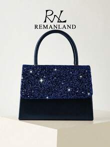 REMANLAND Women's Shiny Deep Blue Sequin Clutch, Satin Evening Bag With Top Handle And Detachable Chain Strap, Suitable For Weddings, Proms, Cocktail Parties, Banquets - Navy Blue - View 1