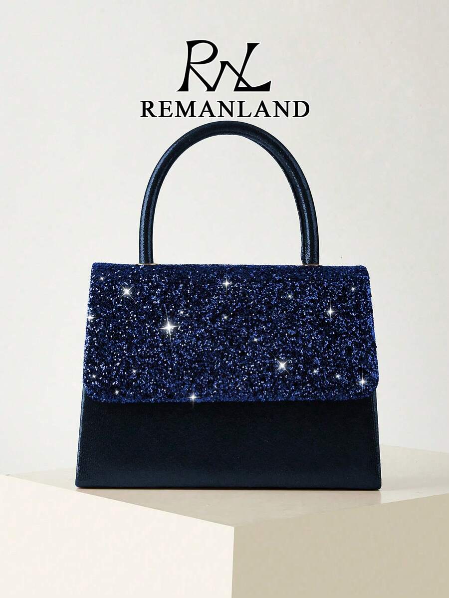 REMANLAND Women's Shiny Deep Blue Sequin Clutch, Satin Evening Bag With Top Handle And Detachable Chain Strap, Suitable For Weddings, Proms, Cocktail Parties, Banquets - Navy Blue - View 1