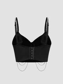 Tank Top Seksi Model Crop Top Berkilau dengan Rumbai dan Hiasan Berlian Imitasi untuk Pertunjukan Klub Malam Wanita - Hitam - View 7