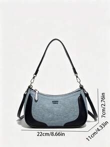 Light Blue Textured Patchwork Underarm Bag With Detachable Shoulder Strap, Minimalist Zipper Shoulder Handbag For Daily Use - Blue - View 2