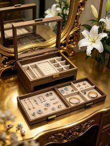 1pc Walnut Wood Multi-Layer Divided Jewelry Storage Box With Glass Visible Lid, Large Capacity Compartments, Luxury Vanity Table Home Use, Necklace Ring Earring Jewelry Dust-Proof Solid Wood Jewelry Box - Multicolor - View 6