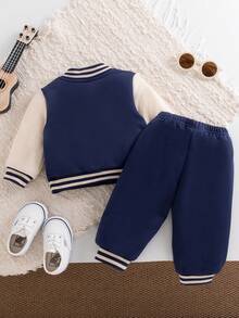 Spring/Autumn Boys' College Style Bear Baseball Jacket 2-Piece Set, Colorblock Raglan Long Sleeve With Cream Contrast Striped Collar, Cuffs And Hem, Matching Same-Color Elastic Cuffed Sweatpants, Suitable For School, Sports, Outings And Preschool, Cute Casual Outfit For Toddlers And Young Children - Royal Blue - View 4