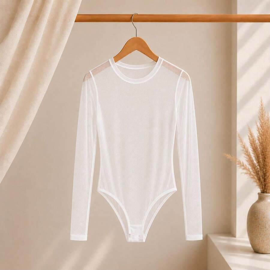 Basic Tulle Bodysuit With Long Sleeves, Fall Winter 2025 Fashion - White - View 1