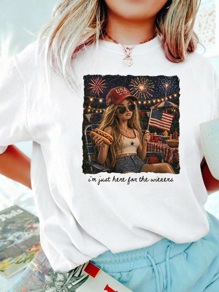 Funny Doll Face 4th Of July Women's T-Shirt Casual Ust Here For The Wieners T Shirt Women Tops Fashion Hotdog Independence Day Tees - White - View 1