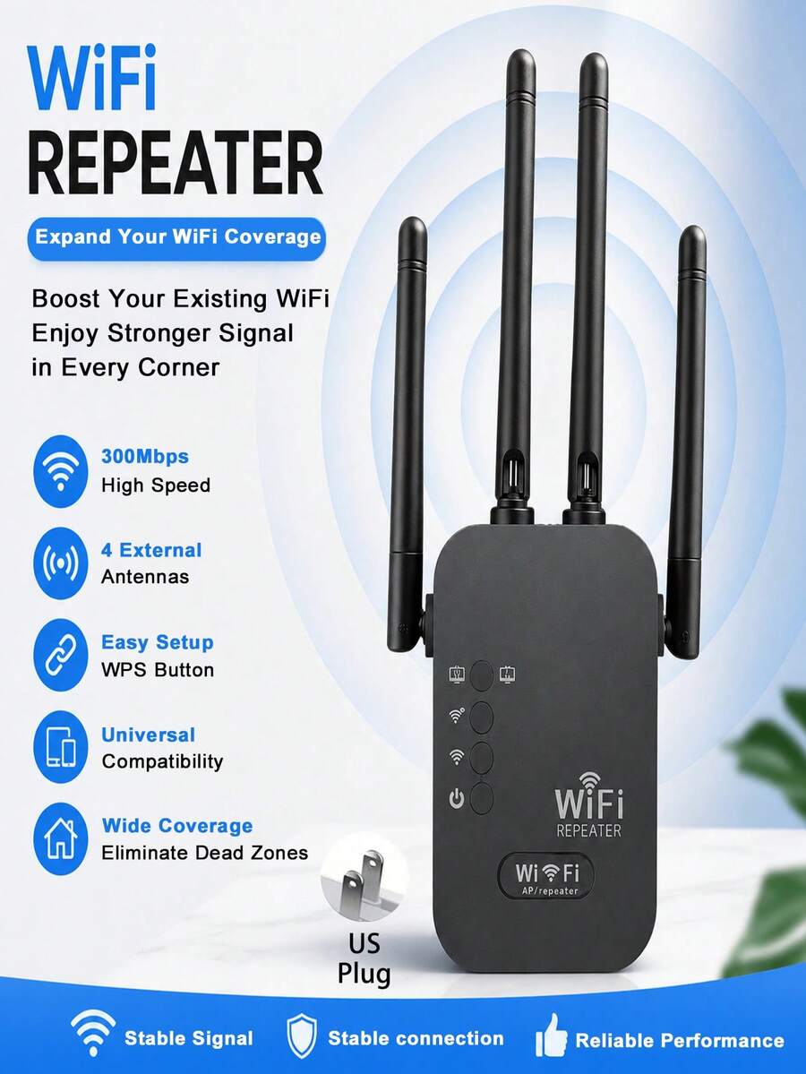 1200Mbps WiFi 4 Signal Booster And Mesh Extender - Dual Band 2.4GHz/5GHz, 4 Antenna High-Speed Wi-Fi System, One-Click Easy Setup, Whole Home Coverage, Compatible With Smart TV, Game Console, Smartphone, Tablet And Smart Home Devices. (Wi-Fi Extender, Network Booster, Network Extender)