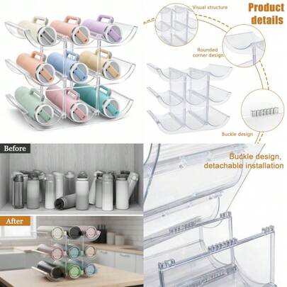 Cup Organizer, 3-Tier Detachable Tumbler Rack Holder For 9  40 Oz Cups, Clear Plastic Water Bottle Storage For Cabinet, Kitchen, Pantry