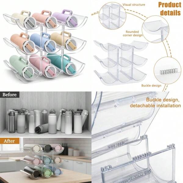 Cup Organizer, 3-Tier Detachable Tumbler Rack Holder For 9  40 Oz Cups, Clear Plastic Water Bottle Storage For Cabinet, Kitchen, Pantry