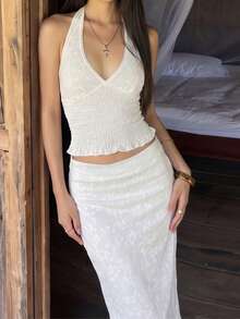 Top Dazzle Chic Women's Knitted Halter Top With Deep V Neck And Backless Design, Short Length - White - View 3