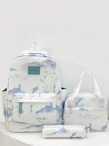 Ins Style Ink Wash Mountain Watermark High-Density Soft Nylon Backpack 3 Pieces Set With Multiple Compartments, Stress-Relief Wide Strap, Daily Commute And Travel - Multicolor - View 10