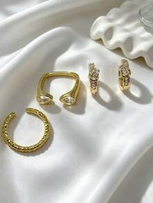 3組奢華金色多件式配件，精緻可疊戴戒指與耳環，適合女性日常穿著、婚禮及旅行 - 金色 - 查看 1